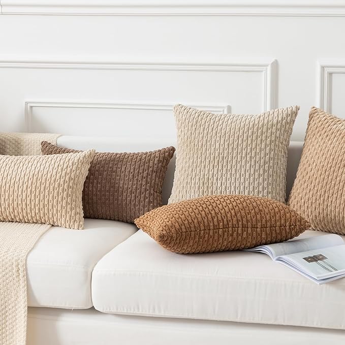Kevin Textile 14x20 Inch Pillow Cover 1 Pack Boho Decorative Soft Striped Corduroy Lumbar Farmhouse Solid Color Accent Rectangle Cushion Case for Living Room Couch Sofa Bed, Beige