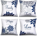 Tatuo 4 Pcs Flower Pillow Covers Square Spring Pillow Cushion Cases 18 x 18 Inch Family Faith Hope Love Words Decorative Summer Winter Cushion Case for Bed Couch Sofa Living Room(Gray Series)