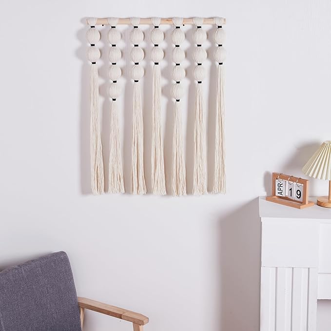 RUIZHIXUAN Macrame Wall Hanging Macrame Ball Wall Hangings Tapestry Cotton Textile Boho Wall Decor Art Bohemian headboard Handwoven 23.6" Wx30 L (white)