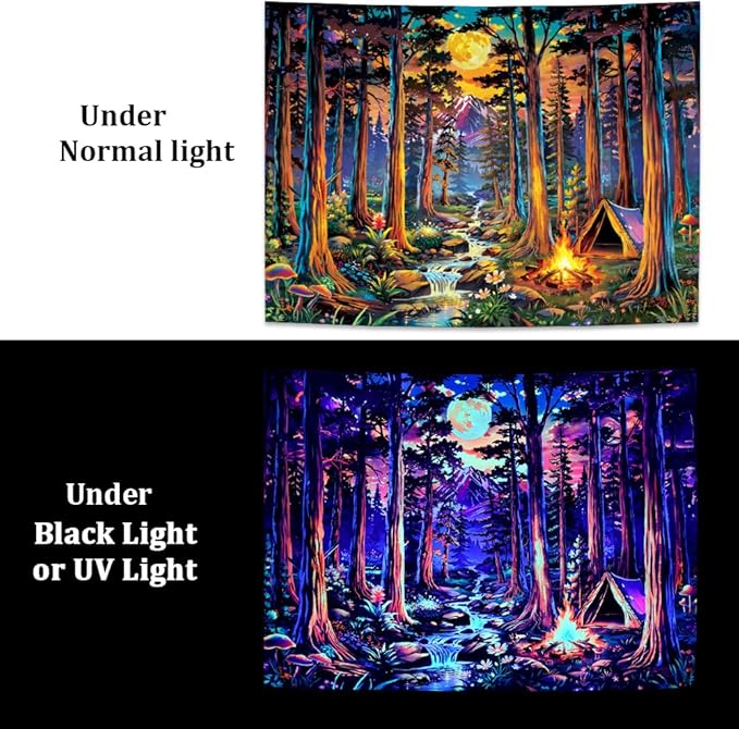 Racunbula Blacklight Fantasy Forest Tapestry UV Reactive Galaxy Space Moon Tapestry Trippy Pine Trees Wall Tapestries Nature Landscape Mountain River Tapestries Wall Hanging for Bedroom
