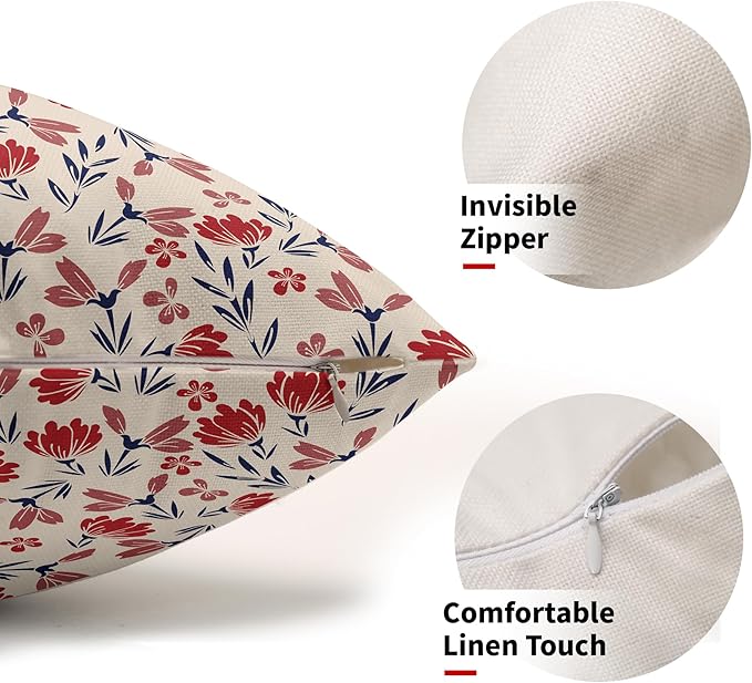 4th of July Floral Pillow Covers 12x20 Set of 2 Rustic Old Style Navy Blue Red Flower Print Rectangle Decorative Outdoor Pillowcases Patriotic Farmhouse Throw Cushion Case Decor for Couch Sofa Bed