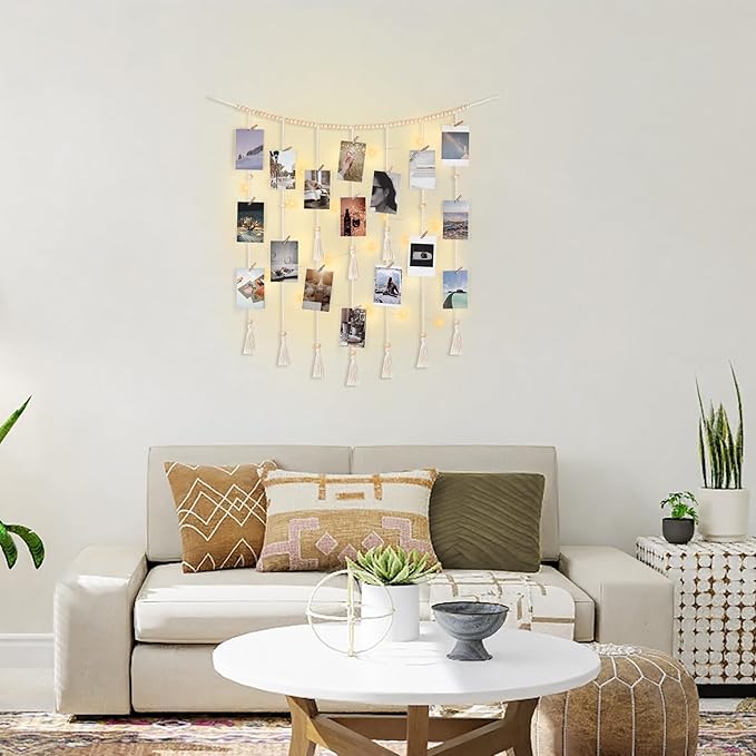 Mkono Macrame Hanging Photo Display Wall Decor with String Lights Boho Room Bedroom Wooden Beads Garland Picture Greeting Cards Holder with 45 Clips