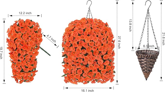 HyeFlora Artificial Fake Hanging Flowers Plants Baskets for Outdoor Decoration, Faux Silk Orange Morning Glory in Planter UV Resistant Look Real for Home Porch Patio Balcony Yard Decor