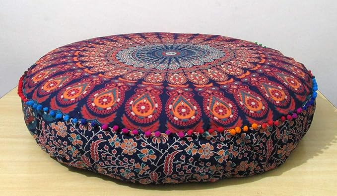 CRAFT KALA Mandala Floor Pillow Cushion Cover Seating Throw Cover Hippie Decorative Bohemian Ottoman Poufs Pom Pom Pillow Cases Boho Indian Cotton Living Room Yoga Home Décor (35" Round, Multi Mirchi)