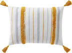 Indigo Ink - Decorative Pillow, Tufted Stripe Pillow with Tassels, Throw Pillows for Couch or Bed, Boho Home Decor, 14" x 20" (Tufted Medallion Collection, Grey/Yellow)