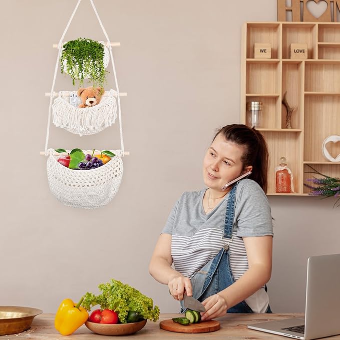 Hanging Fruit Baskets for Kitchen,3 Tier Handmade Woven Cotton Rope Wall Basket for Organizing & Decorating,Boho Room Decor,Storage for Home,Living&Bathroom Bedroom Diningroom (White)