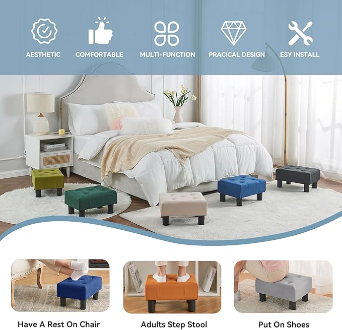 Poofzy Small Foot Stool Ottoman, Velvet Ottoman Foot Rest with Legs, Rectangle Foot Rest for Couch, Footstools and Ottomans Small for Living Room and Entryway (Navy Blue)