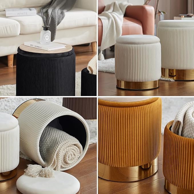 Round Ottoman with Storage Set of 2 Upholstered Velvet Vanity Stool for Living Room Storage Ottomans Multifunctional Foot Rest (Black with Bottom Gold)