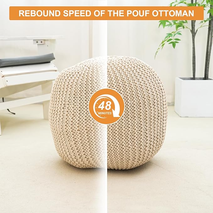 Pouf Ottoman Stuffed Round Modern Foam Filled Foot Rest Poufs for Living Room Chair Decorative 20 X 14 Inches Boho Relax Stool for Wedding Christmas Party, Beige (Beige, 20inch)