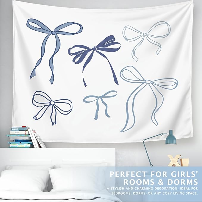 LIANGW Coquette Blue Bow Tapestry Wall Hanging, Coquette Preppy Room Decor, Girly Aesthetic Wall Blanket Decor for Girls Room College Dorm Apartment, 50x60 Inch