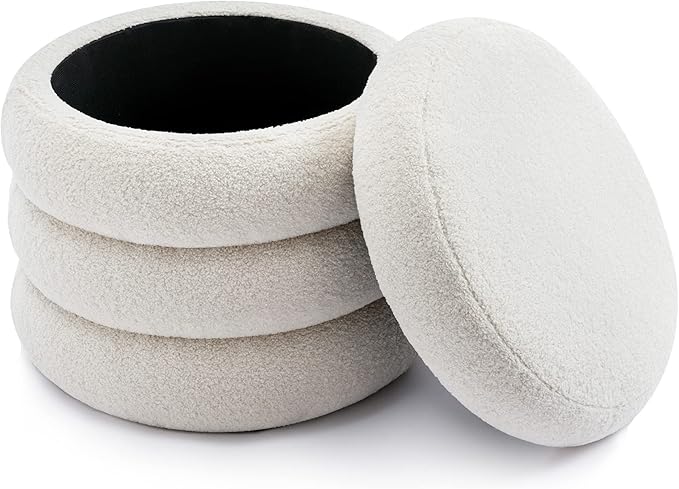 Boucle Ottoman with Storage, Small Round Footrest Stool for Living Room Bedroom, Upholstered Sherpa Vanity Seat with Removable Lid, Modern Comfy Foot Stool for Couch Entryway, Off White
