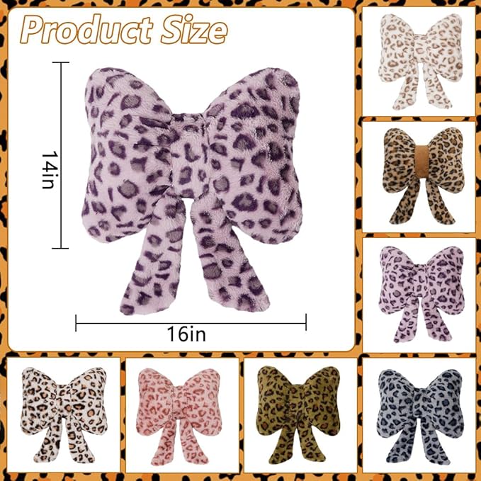 Leopard Print Throw Pillow Furry Bow Plush Pillows Cute Flower Plush Pillow Cheetah Home Decor Stuffed Bow Lumbar Pillow for Bed Couch Living Room Decor (Purple, 16in)