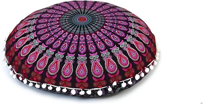 CRAFT KALA 22 Inch Round Mandala Floor Pillow Cushion Cover Seating Throw Cover Hippie Decorative Bohemian Ottoman Poufs Pom Pom Pillow Cases Boho Cotton Living Room Yoga Home Décor (Pink Mirchi)