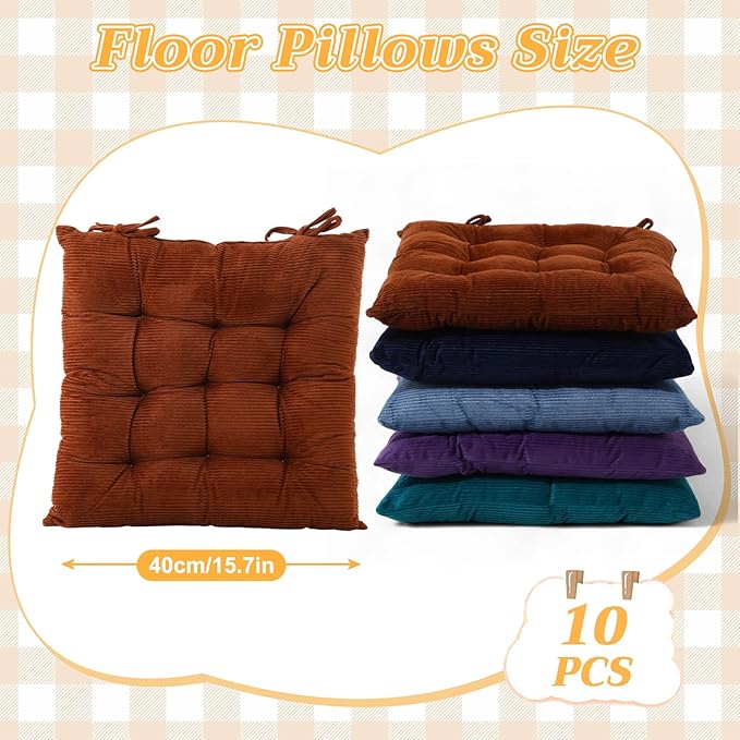 Geetery 10 Pcs Corduroy Chair Cushion with Ties Soft Square Floor Pillows Bulk Seating Cushions, 15.7'' Large Thick Meditation Sitting Mat for Yoga Tatami Classroom Nursery(Multicolor)