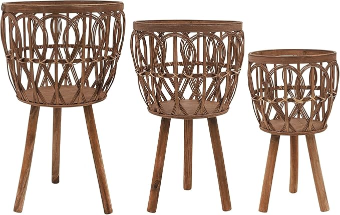 Set of 3 Woven Decorative Planter Pot with Stand – Wooden Bamboo & Plywood Outdoor & Indoor Plant Pot – Boho Garden & Home Decor Planters – 20", 23", & 26", Brown