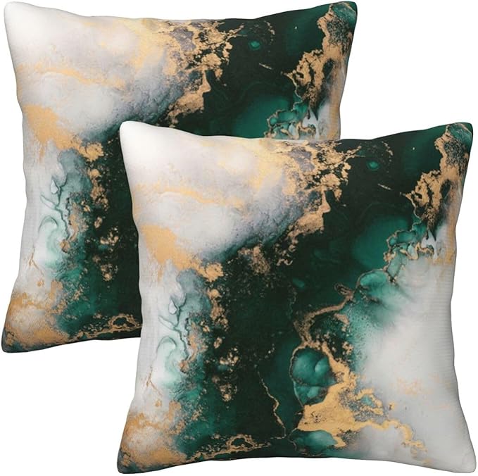 Emerald Green Gold Marble Pillow Covers 18x18 Set of 2, Green and Gold Modern Abstract Throw Pillow Covers Outdoor Decorative Pillow Case for Couch Bed Sofa Cushion Home Decor