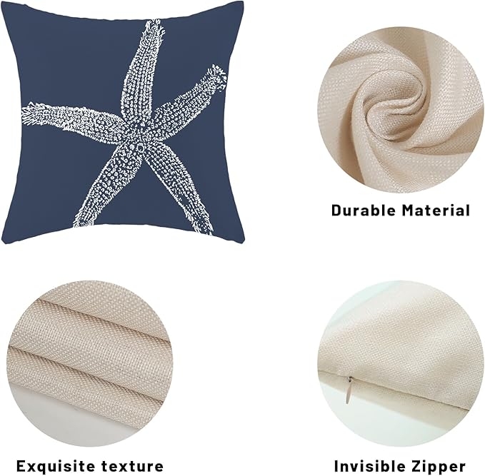 Blue Starfish Pillow Covers 22x22 Inch Set of 2, Nautical Ocean Coastal blue Coral Throw Pillows Spring Summer Decorations Linen Pillowcase Outdoor Decor Farmhouse Cushion Case for Home Holiday