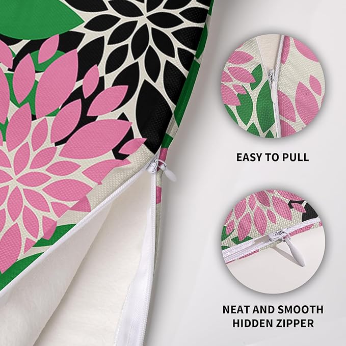 Pink Green Black Pillow Covers 16X16 Inch Set of 2, Spring Modern Geometry Dahlia Floral Print Decorative Throw Pillow Covers Outdoor Farmhouse Cushion Case for Couch Sofa Bed Decor
