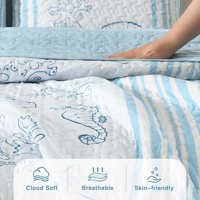 HORIMOTE HOME Coastal Quilt Bedding Set King Size, Striped Blue Summer Beach Quilt Lightweight Ocean Nautical Comforter Tropical Bedspread Coverlet with 2 Pillow Shams for All Seasons (106"x96")