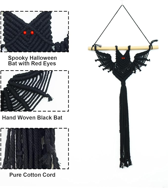 HVEST 2PCS Black Halloween Bat Macrame Wall Hanging Boho Decor Scary Black Bat, Gothic Handmade Woven Tapestry for Bedroom Spooky Halloween Decorations Macrame Wall Art for Living Room