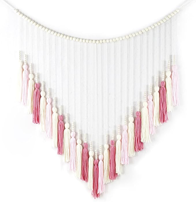 EOBTAIN Large Macrame Wall Hanging,Boho Blush Pink Tassel with Wood Beads Wall Decor for Nursery Bedroom Handmade Bohemian Tapestry for Living Room Dorm Home Decoration,Gifts for Girls Woman 30x36 Inch