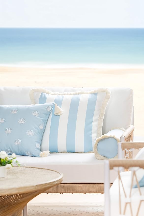 Hofdeco Premium Coastal Hampton Style Patio Indoor Outdoor Bolster Pillow Cover Only, 6"x20" Water Resistant for Couch, Backyard, Solid Baby Blue White Fringe
