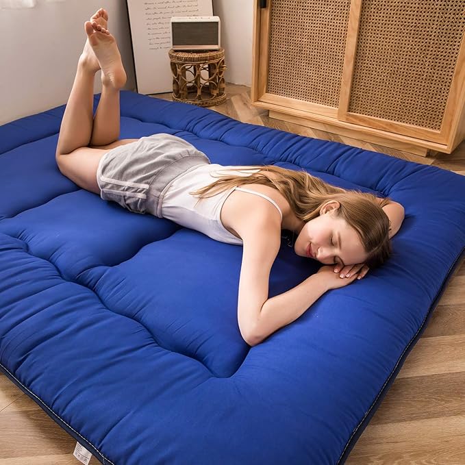 MAXYOYO Japanese Floor Mattress Futon Mattress, Thicken Sleeping Pad Foldable Roll Up Floor Futon for Adults Tatami Mat Dormitory Bed Lounger, Royal Blue, Full Size