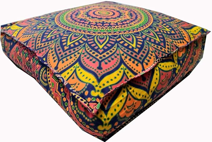 New Blue Ombre Mandala Barmeri Large Floor Pillow Cover Cushion Meditation Seating Ottoman Throw Cover Hippie Decorative Zipped Bohemian Pouf Ottoman Pom Pom Cases 24" Square
