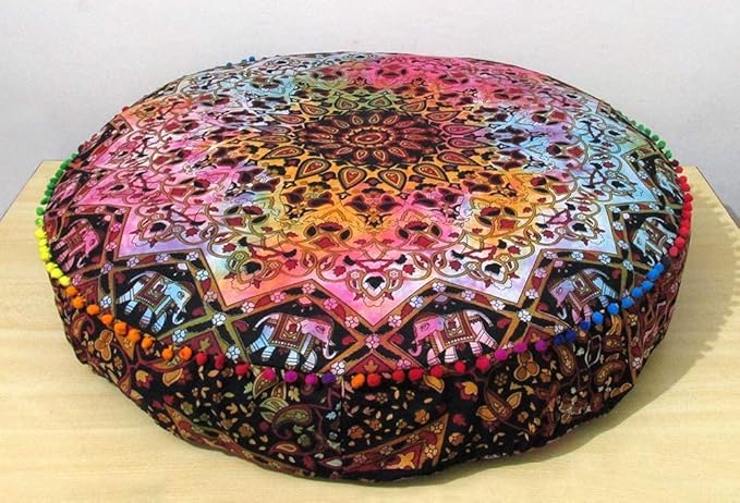 Indian Mandala Large Floor Pillow Cover Meditation Cushion Seating Throw Hippie Round Colorful Decorative Bohemian Accent Boho Chic Dog Bed Pouf Ottoman Handmade Cover Only