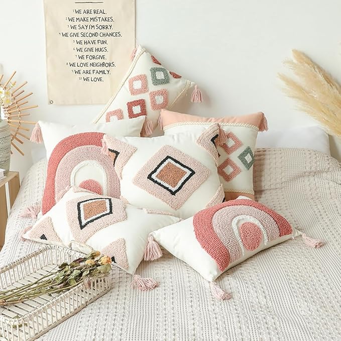 Pink Bohemain Decorative Lumbar Throw Pillow Covers 12x20 Inch - Geometric Moroccan Tufted Cushion Covers with Tassels | Boho Decor for Bed Living Room | Dusty Rose & Cream Textured (Set of 1 B)
