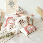 Pink and White Bohemian Decorative Throw Pillow Covers 18x18 Inch - Geometric Moroccan Tufted Covers with Tassels | Boho Decor for Sofa Bed Living Room | Dusty Rose & Cream Textured (Set of 1 A)