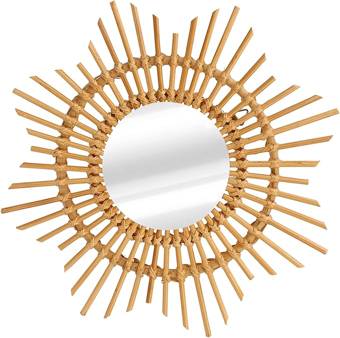 Tissting Natural Rattan Hanging Mirror,13.8 x 4.7in Boho Wall Mounted Mirror Star Shape Bohemian Hanging Glass Makeup Mirror Rustic Art Decoration Handwoven Mirror for Bedroom Living Room Hallway