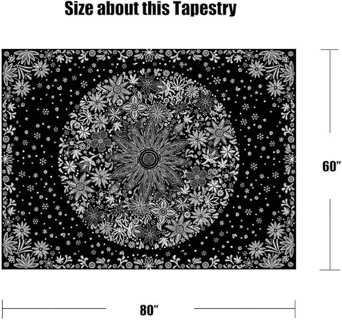 Neasow Bohemian Tapestry Wall Hanging, Black and White Floral Tapestry with Dotted Daisy Medallion Print Bedroom Boho Hippie Home Decor, 60x80 inches