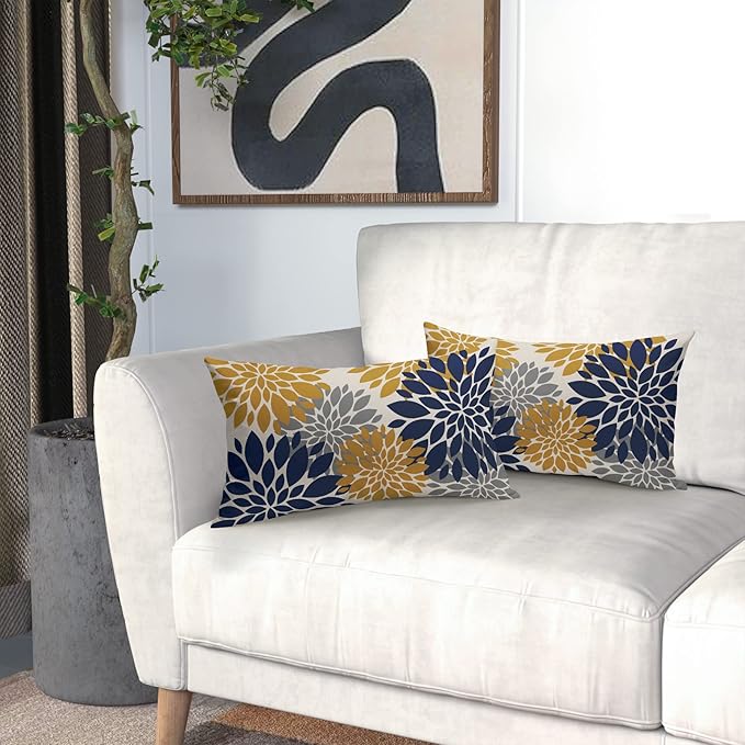 Navy Blue Yellow Pillow Covers 12X20 Inch Set of 2, Modern Geometry Dahlia Floral Print Decorative Rectangle Throw Pillow Covers Outdoor Farmhouse Cushion Case for Home Couch Sofa Bed Decoration