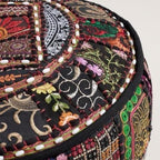 Sophia-Art Indian Embroidered Patchwork Cover Indian Decorative Comfortable Floor Cotton Cushion Ottoman Pouf, Designs Ethnic Patchwork Pouf (Black, 14"x22") (Cover Only)