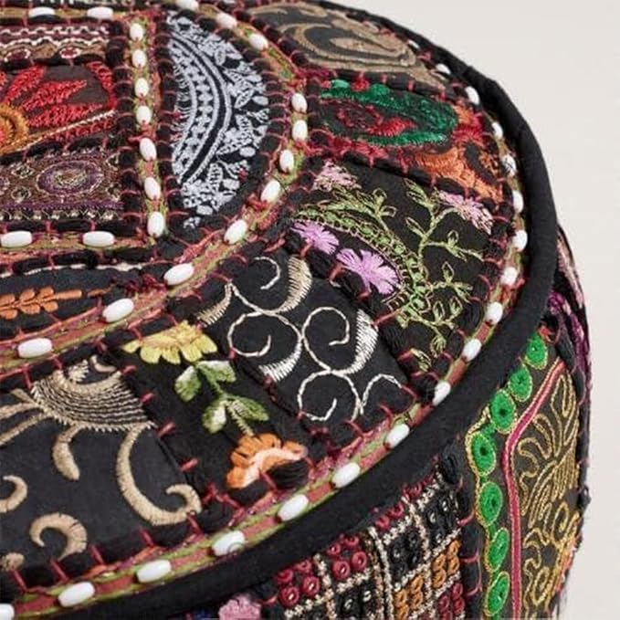 Sophia-Art Indian Embroidered Patchwork Cover Indian Decorative Comfortable Floor Cotton Cushion Ottoman Pouf, Designs Ethnic Patchwork Pouf (Black, 14"x22") (Cover Only)