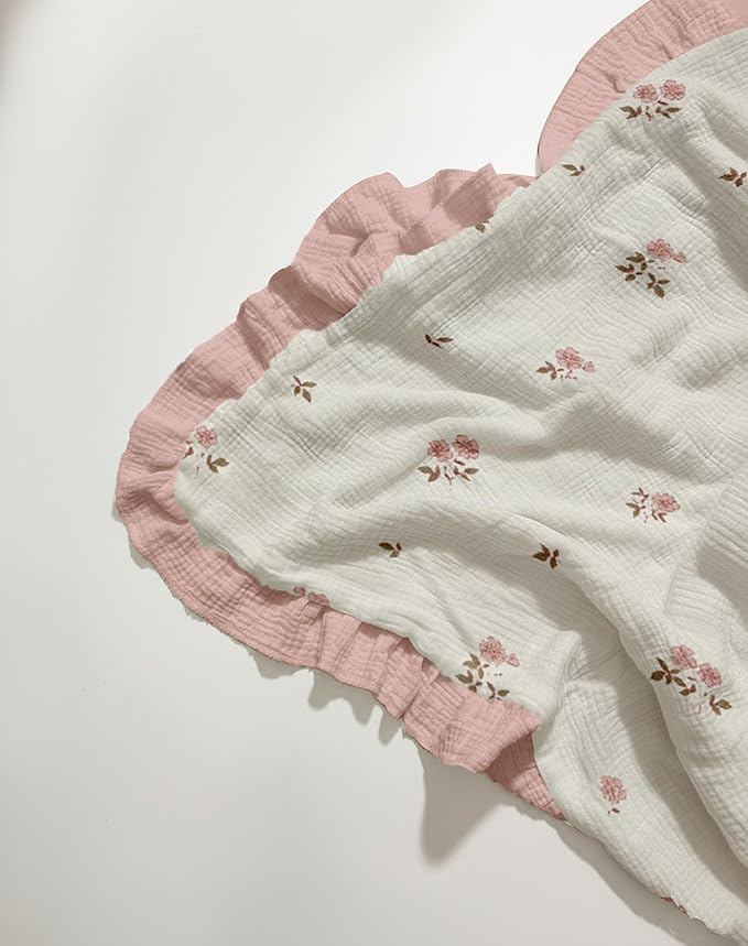 Muslin Ruffled Baby Blanket, Extra Large 52 x 52 Inches, Soft Breathable Cotton Crib Blanket for Newborn Infant Toddler (Vintage Blossom-Ruffled, Printed)