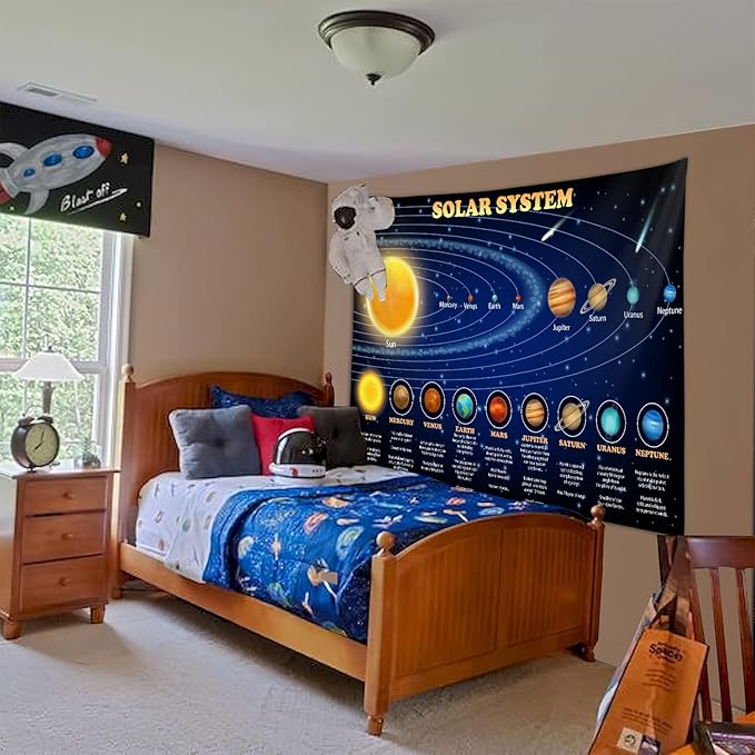 Solar System Tapestry for Kids Boys Bedroom, Outer Space Galaxy Educational Party Poster Tapestries Decorations Wall Art Hanging Classroom Living Room Office Decor 60X40" Backdrop