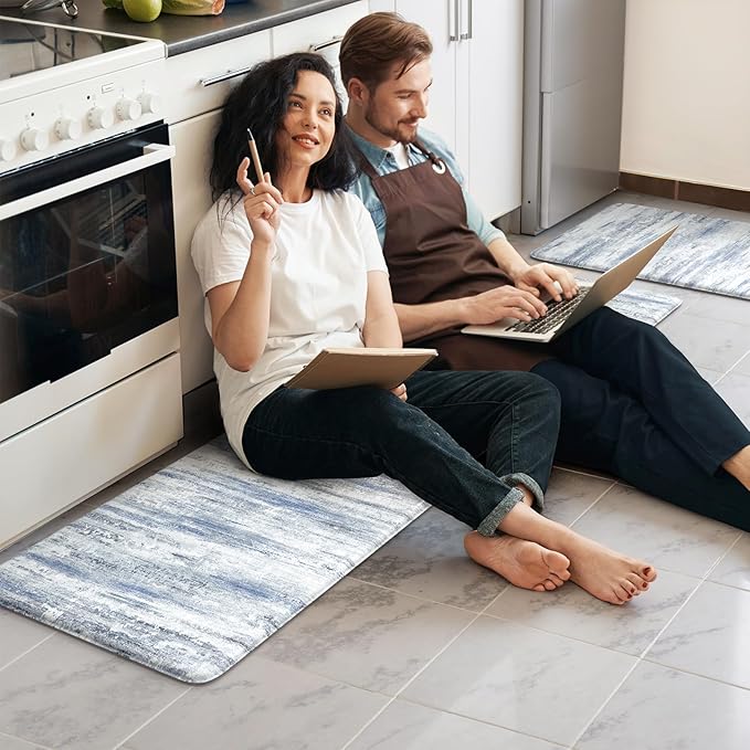KIMODE Kitchen Mats for Floor, Abstract Kitchen Rugs Sets of 2, Anti Fatigue Mats for Kitchen Floor, Cushioned Comfort Kitchen Floor Mats for Sink Laundry Desk Multi-Blue 17"x59"+17"x29"