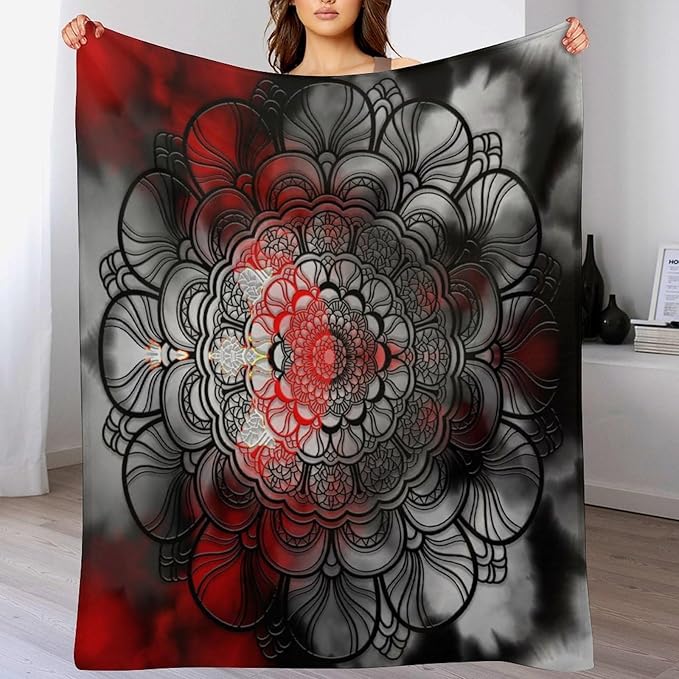Black Red Mandala Throw Blanket Abstract Yellow Red Black Boho Floral Modern Blanket for Sofa Bed Couch Chair Or Dorm 70"x80"