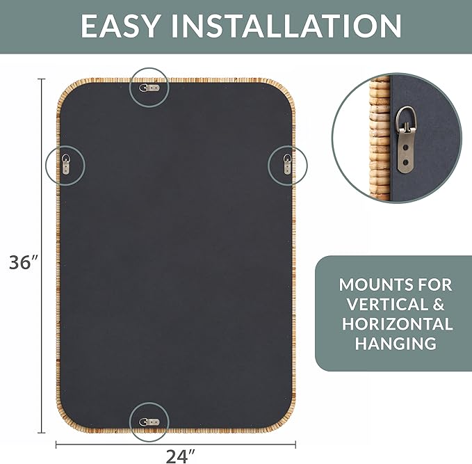 Barnyard Designs Rattan Bathroom Mirror – Rustic Farmhouse Style Handmade Wicker Rattan Frame - Boho Mirror for Nursery Wall Décor (24" x 36", Rectangular)