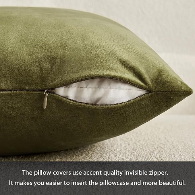 MIULEE 24x24 Inch Euro Sham Velvet Pillow Covers, Set of 2 Large Square Decorative Pillows -Olive Green Super Soft for King Bed, Sofa, Couch, Accent Chairs with Hidden Zipper