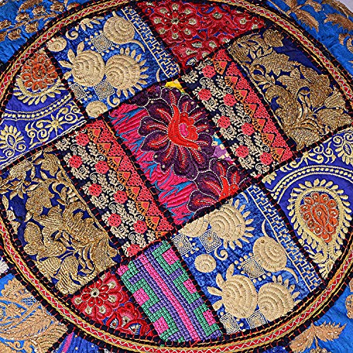 Indian Handmade Patchwork Codework Round Pouf Cover Ottoman Floor Pillow Cushion Seating Throw Decorative Pom Pom Pillow Cases Boho 32 Inches Royal Blue BFPC0105 - color: Royal Blue