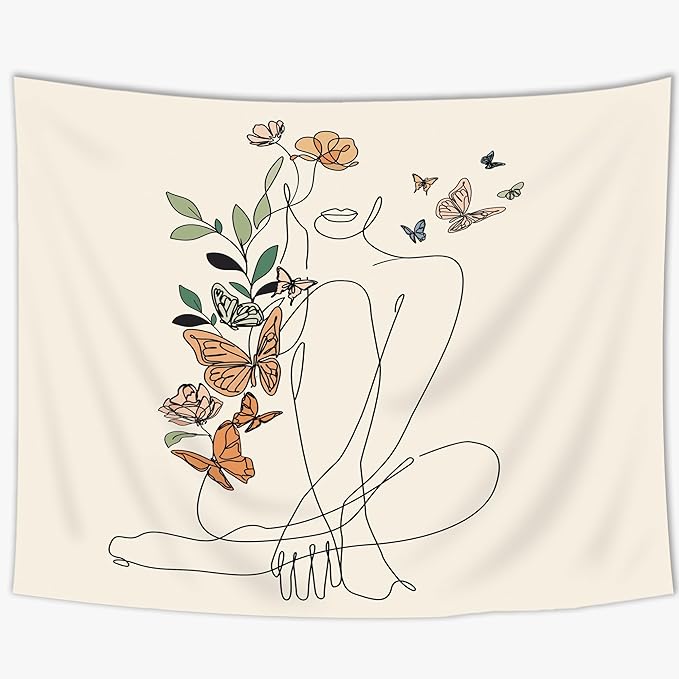SVBright Abstract Woman Butterfly Fabric Wall Hanging Tapestry 59Wx51H Inch Mid Century Modern Minimalist Flower Plant Beige Terracotta Aesthetic Portrait Home Decor Art for Living Room Bedroom Dorm