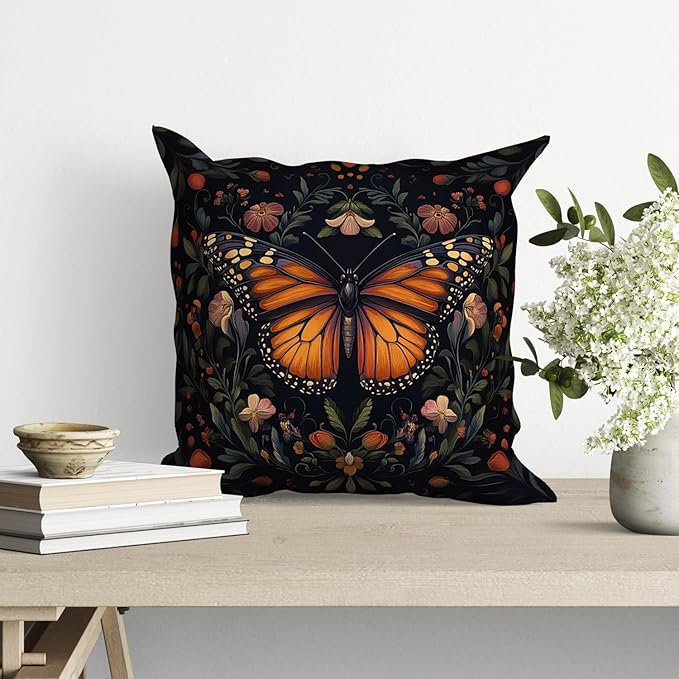 William Morris Abstract Vintage Floral Velvet Butterfly Design Throw Pillow Covers Home Decor, Retro Art Decor Pillowcase Cushion Cover for Bed Sofa Living Room, Square 18x18inch (Black-Butterfly)