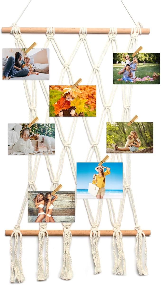 Hanging Photo Display Wall Decor Macrame Wall Hanging Boho Collage Picture Frames Decor for Dorm Bedroom Living Room Teen Girl Gifts-B