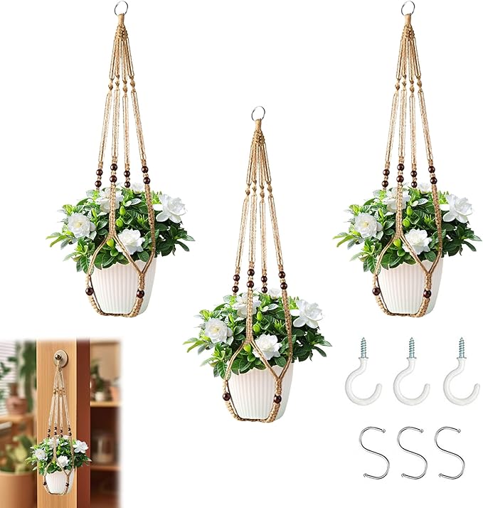 3Pcs Macrame Plant Hangers Indoor 35Inch Brown Hemp Rope Plant Hanger Hanging Plant Holders Hanging Planter Basket Flower Pot Holder with S Hooks and Hook Nails, Crochet Home Decor Plant Hanger