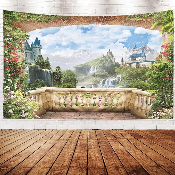 EMMTEEY Waterfall Tapestry - Colorful View from Balcony of Waterfalls With Castles - Dorm Wall Art 80X60 - Present for Families