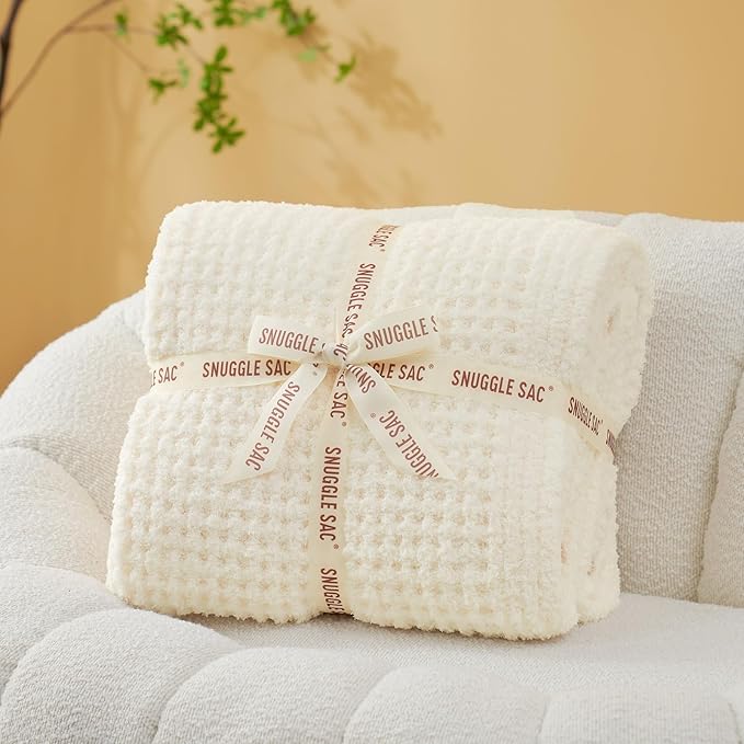 Snuggle Sac Cream Bedding Blankets Queen Size 90x90 inches, Reversible Microfiber Fluffy Fuzzy Soft Throw Cozy Knit Blanket for Women Mothers Birthday Gifts