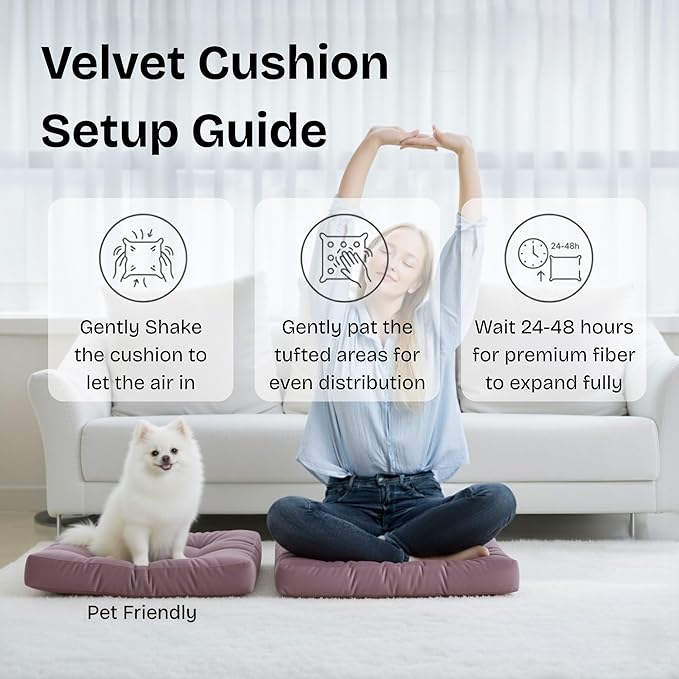 Meditation Floor Pillow Set of 2, Large Velvet Floor Pillows for Sitting, Tufted Floor Seating Cushions for Adults, Big Pillows for Yoga & Living Room, 22x22 Inch, Lavender